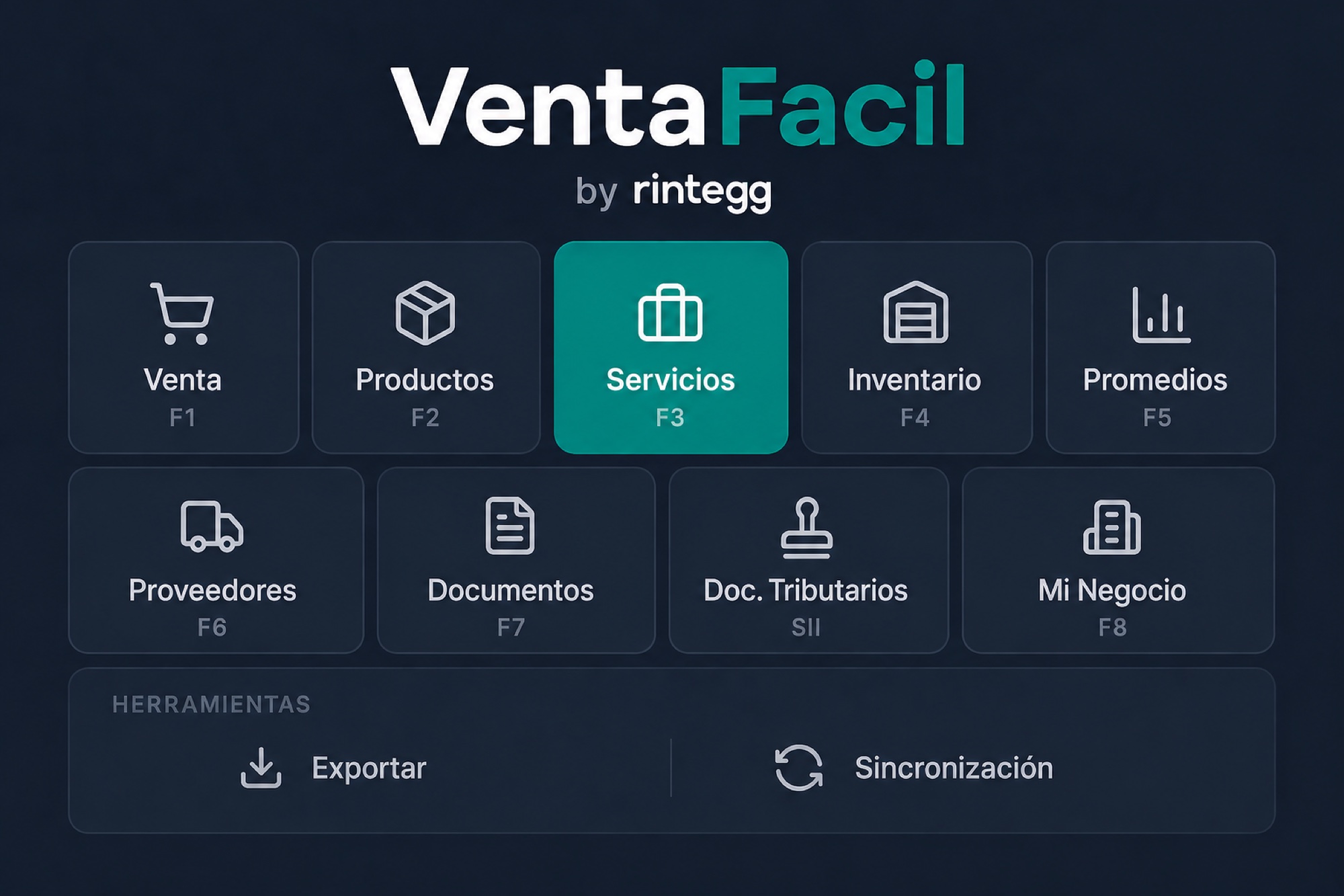 POS VentaFacil module grid: Sales, Products, Services, Inventory, Averages, Suppliers, Documents, Tax Documents and My Business